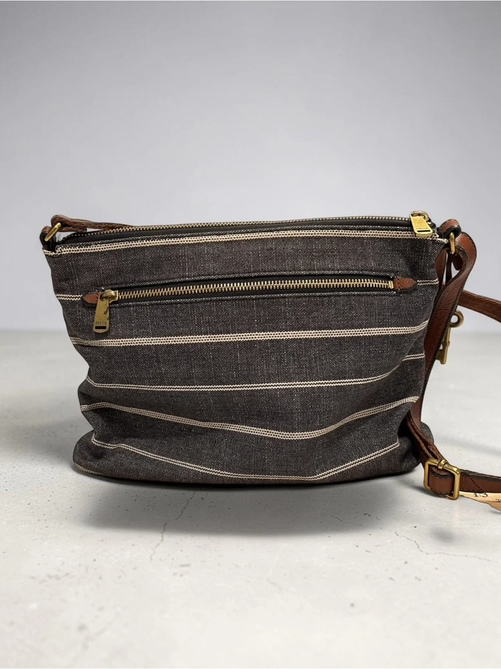 Fossil Kinley Crossbody Bag | Striped Canvas & Brown Leather Shoulder Purse